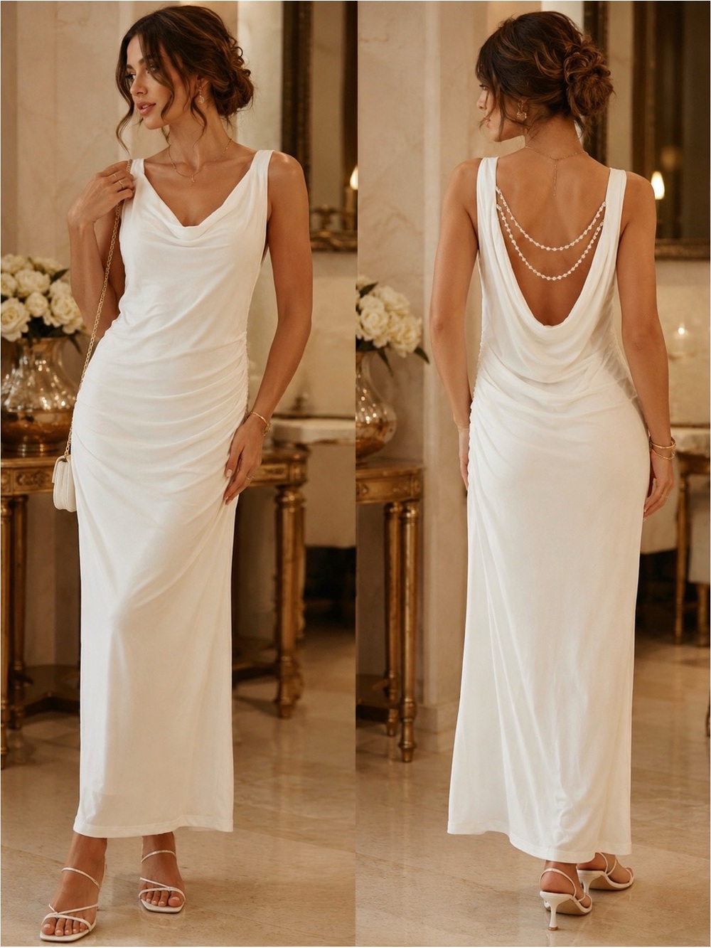 Elegant Cowl Back with removable white beads White Maxi Sleeveless Dress